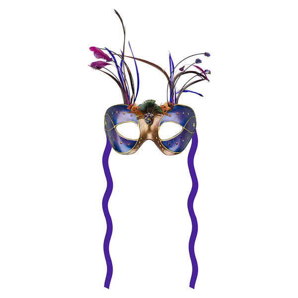 Masque violet de plumes bleues et rouges du Cirque du Soleil - Vue de face